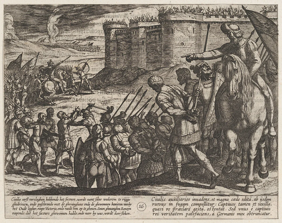 Plate 16: Roman Captives Before the Old Fortress, from The War of the Romans Against the Batavians (Romanorvm et Batavorvm societas) — Antonio Tempesta|Otto van Veen