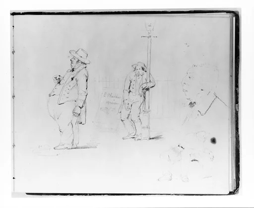 Four Figure Studies: Profile of a Rotund Man; Man Leaning on Lamp Post; Profile of a Man (from Sketchbook)