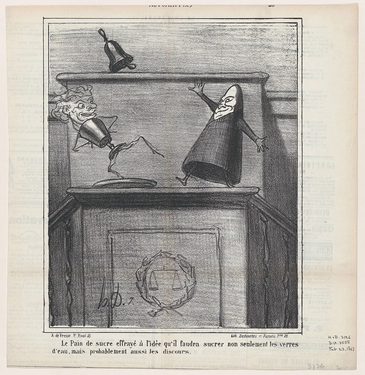 The loaf of sugar frightened at the idea that it will be necessary not only to sweeten the water of the orators but probably also their speeches, from 'News of the day,' published in Le Charivari, February 23, 1867 — Honoré Daumier|Destouches|Arnaud de Vresse