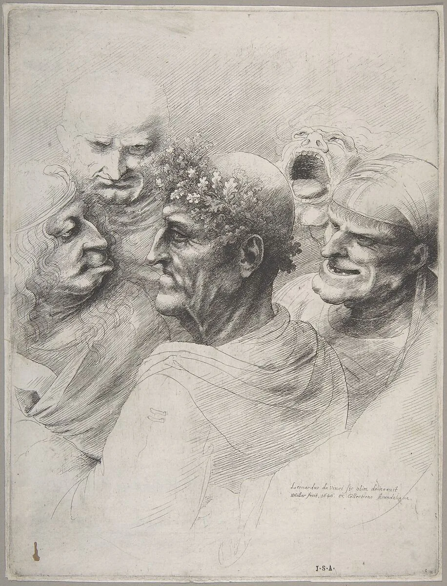 Five grotesque heads, including an elderly man with an oak leaf wreath — Leonardo da Vinci|Wenceslaus Hollar|Thomas Howard, 14th Earl of Arundel (British, 1585–1646) and Aletheia Talbot, Countess of Arundel (British, ca. 1590–1654), m. 1606