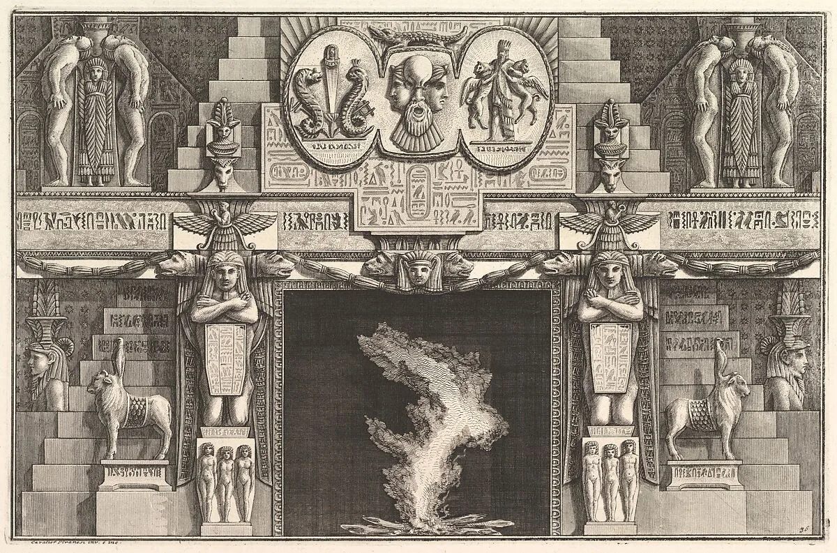 Chimneypiece in the Egyptian style: Groups of three female nudes at the base of each jamb, surmounted by larger kneeling figures), from Diverse Maniere d'adornare i cammini ed ogni altra parte degli edifizi...(Different Ways of ornamenting chimneypieces and all other parts of houses) — Giovanni Battista Piranesi