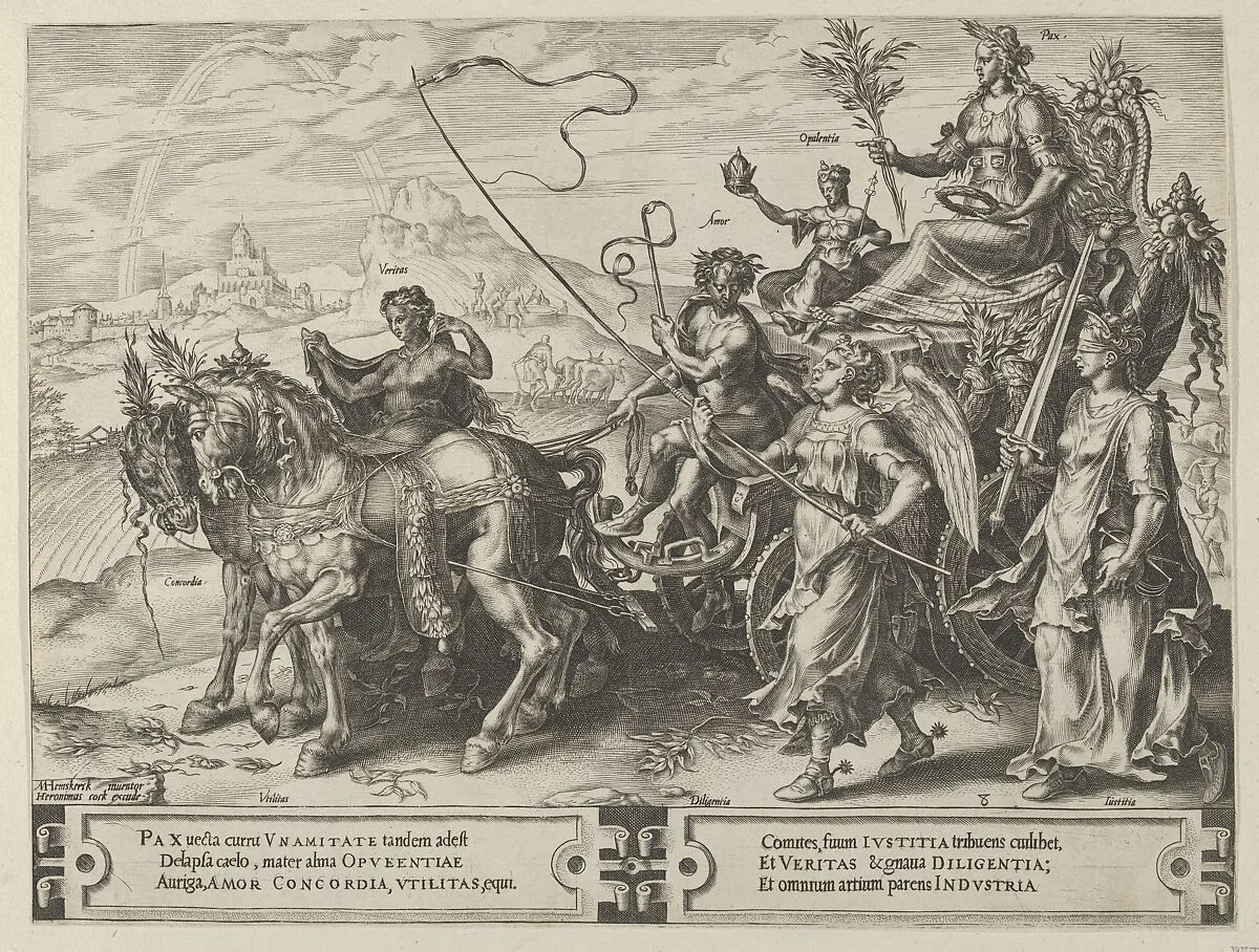 The Triumph of Peace, from The Cycle of the Vicissitudes of Human Affairs, plate 8 — Cornelis Cort|Maarten van Heemskerck|Hieronymus Cock
