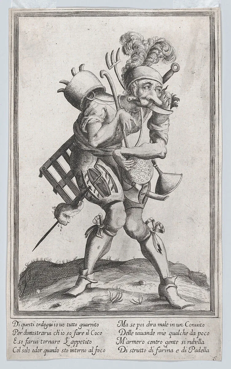 A caricature figure representing a cook loaded with various implements and a knife in his mouth — Anonymous, Italian, 17th century