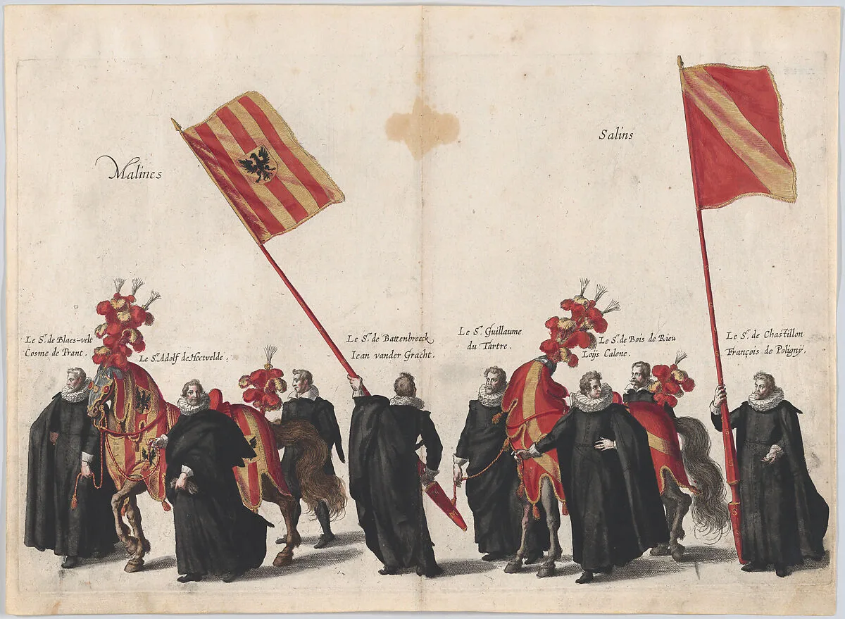 Plate 33: Men with heraldic flags and horses from Mechelen and Salins marching in the funeral procession of Archduke Albert of Austria; from 'Pompa Funebris ... Alberti Pii' — Jacques Francquart|Cornelis Galle I