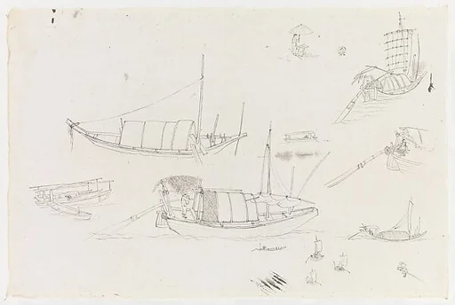 現代 謝稚柳 舟楫人物畫稿 鏡片|Studies of Boats and Figures
