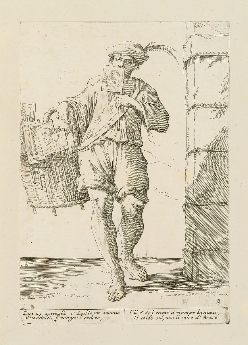 Vendor of Fans, from Di Bologna l'Arti per via D'An.ibal' Ca.rac, plate 2 — Giuseppe Maria Mitelli|Annibale Carracci