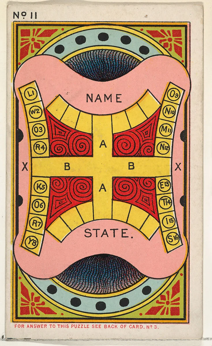 Puzzle Card Number 11, A "Public Man" Puzzle, from the Jokes series (N118) issued by Duke Sons & Co. to promote Honest Long Cut Tobacco — Armstrong & Co.|W. Duke, Sons & Co.
