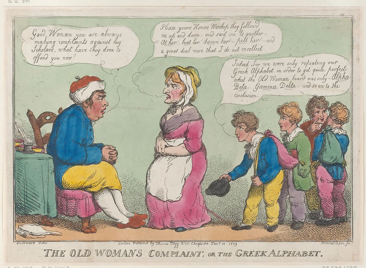 The Old Womans Complaint, or the Greek Alphabet — Thomas Tegg|Thomas Rowlandson