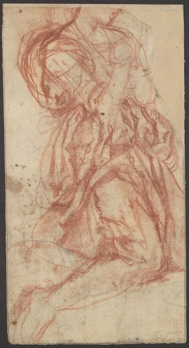 Study of a Kneeling Figure (recto); Design for a Festival Chariot (verso). — Anonymous, Italian, Florentine, 16th century