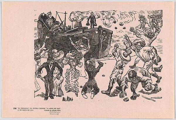 Plate 26: the dictator leaving Mexico on ship 'el piranga', with some figures waving goodbye to 30 years of peace and others throwing rocks, from the portfolio 'Estampas de la revolución Mexicana' (prints of the Mexican Revolution) — Taller de Gráfica Popular|Alfredo Zalce