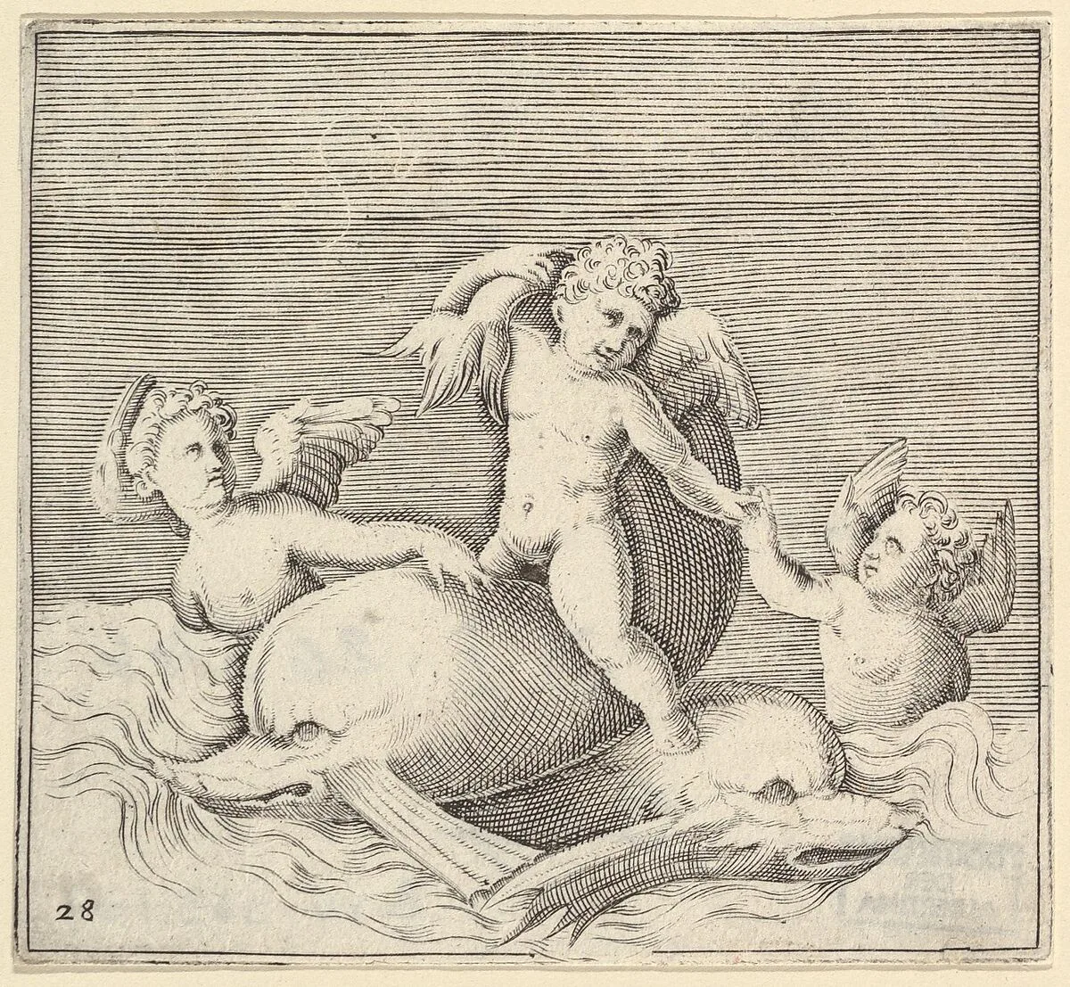 Three Cupids and Two Dolphins, from "Ex Antiquis Cameorum et Gemmae Delineata/ Liber Secundus/et ab Enea Vico Parmen Incis" — Francesco Angeloni|Battista Franco|Philippe Thomassin|Enea Vico|Anonymous, Italian, 16th century