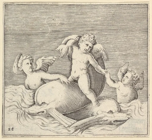 Three Cupids and Two Dolphins, from "Ex Antiquis Cameorum et Gemmae Delineata/ Liber Secundus/et ab Enea Vico Parmen Incis"
