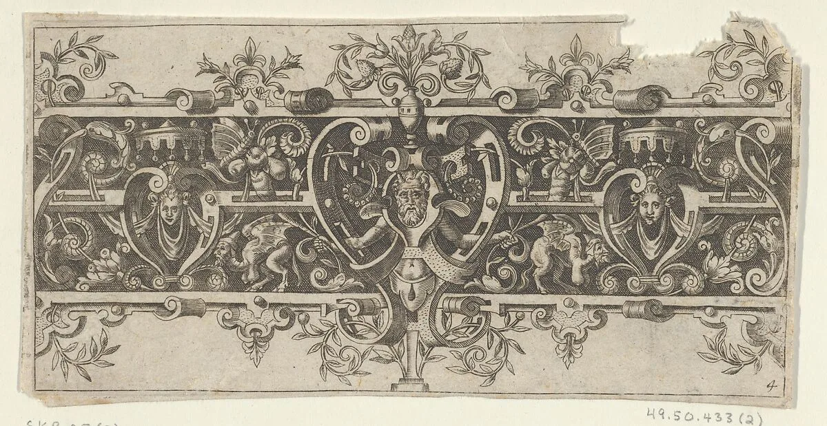 Frieze with Grotesques and a Horned and Bearded Figure Between Strapwork at Center — Theodor de Bry