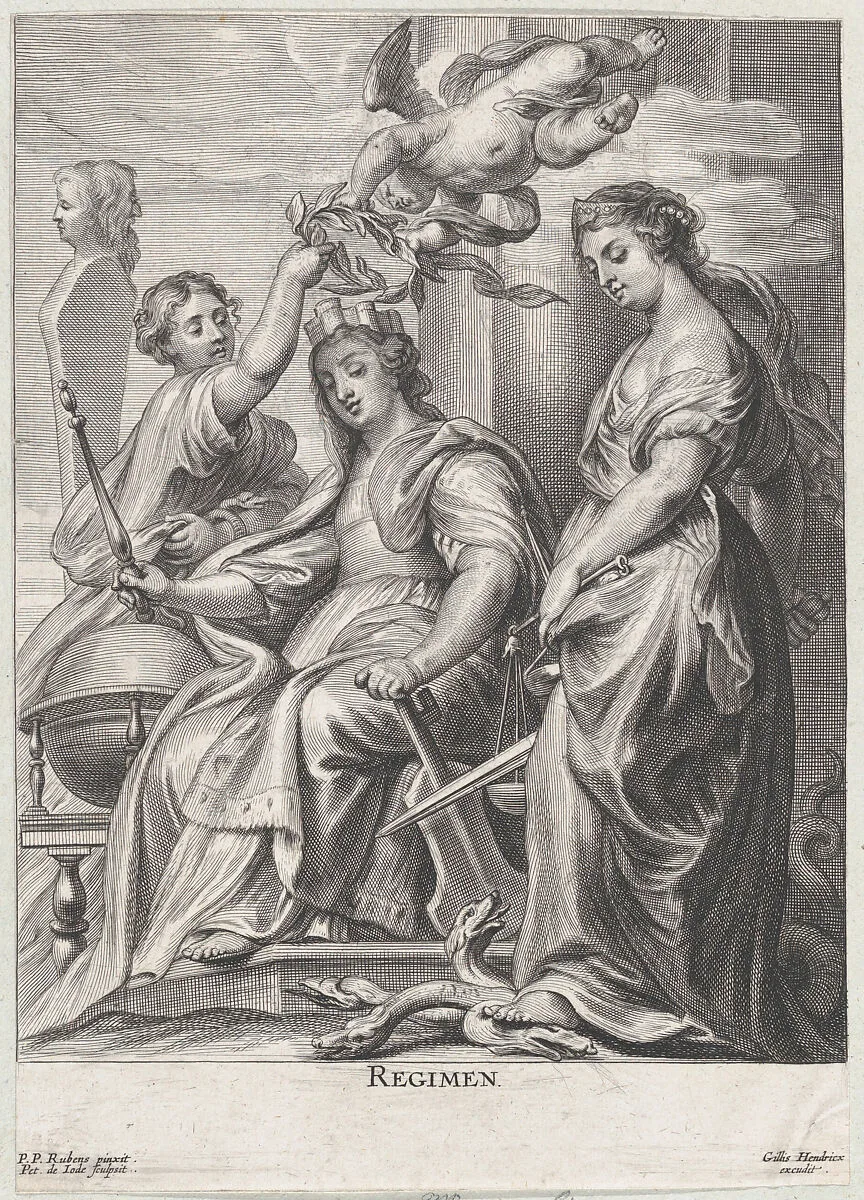 Allegory of Good Government, seated at center and being crowned by a putto and a woman at left, Justice standing atop a hydra at right — Pieter de Jode II|Peter Paul Rubens|Gillis Hendricx