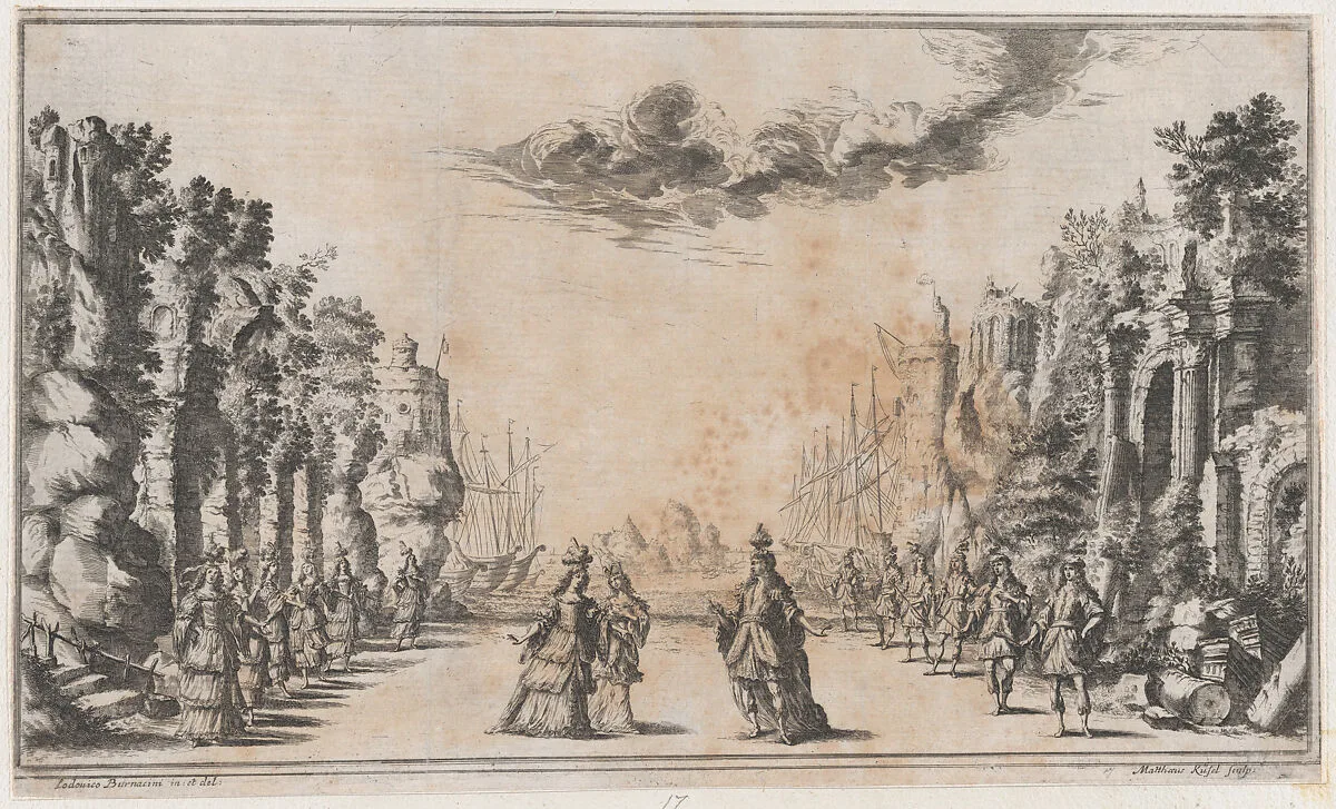 A man and two women conversing at center; young men standing to their right and young women to their left; ships in the distance; set design from 'Il Pomo D'Oro' — Ludovico Ottaviano Burnacini|Mathäus Küsel