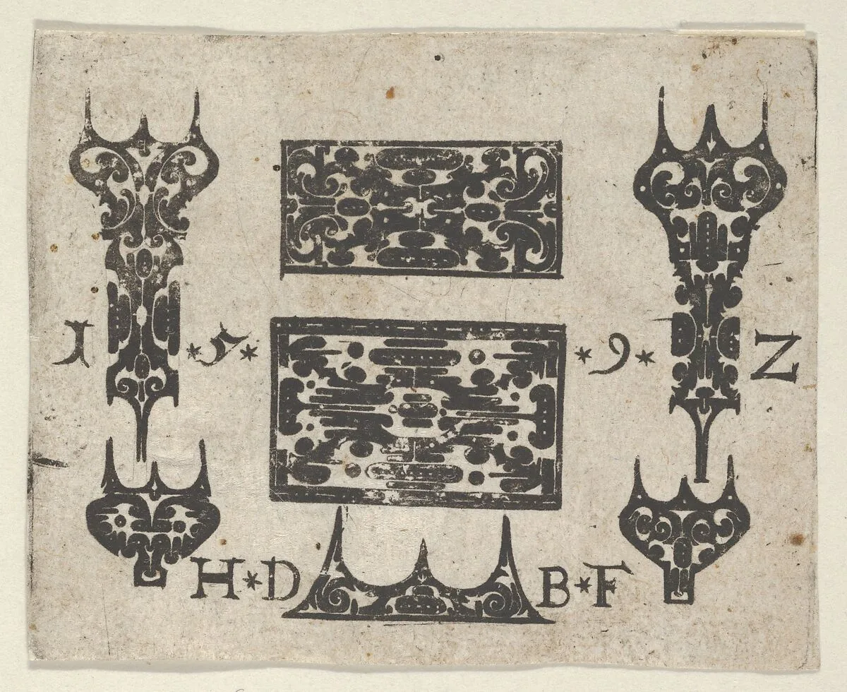 Blackwork Print with Two Horizontal Panels and Five Small Motifs — Hans de Bull