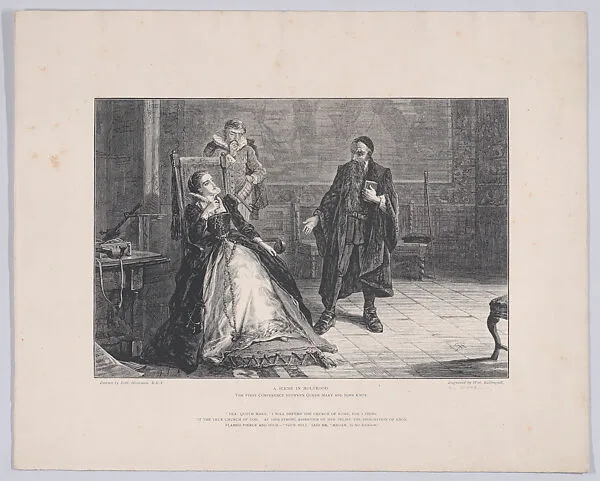 Scene in Holyrood Palace, with the first conference between Mary, Queen of Scots and John Knox — Mary, Queen of Scots|John Knox|Robert Herdman|William Ballingall