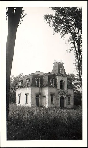 [Brick Second Empire House, Two Trees in Foreground]