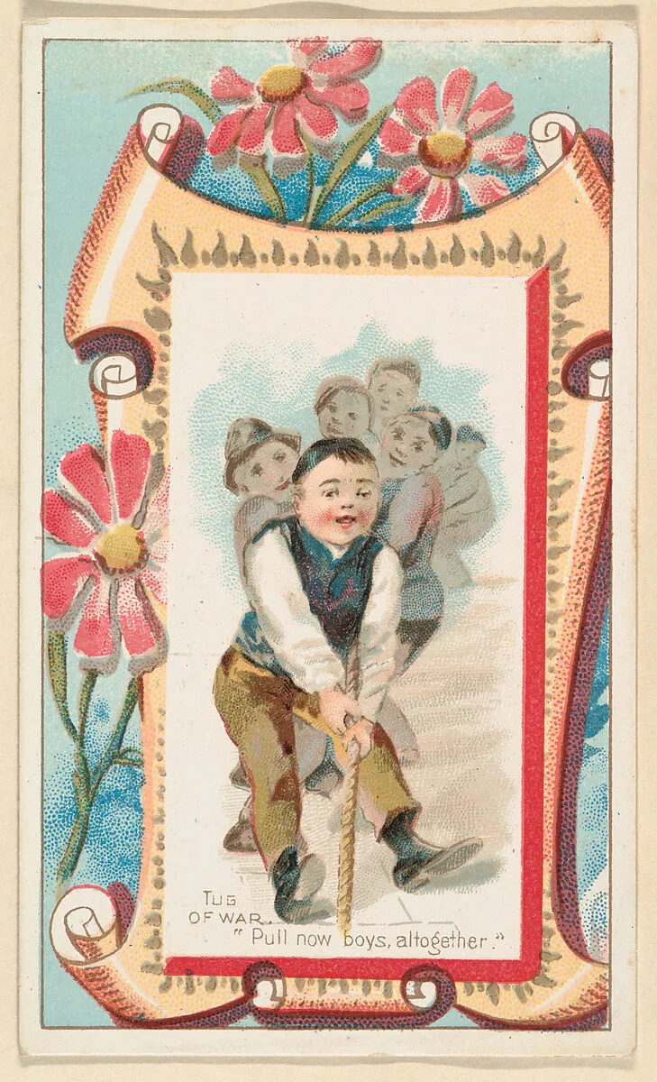 Tug of War, "Pull now boys, altogether," from the Terrors of America set (N136) issued by Duke Sons & Co. to promote Honest Long Cut Tobacco — Knapp & Company|W. Duke, Sons & Co.