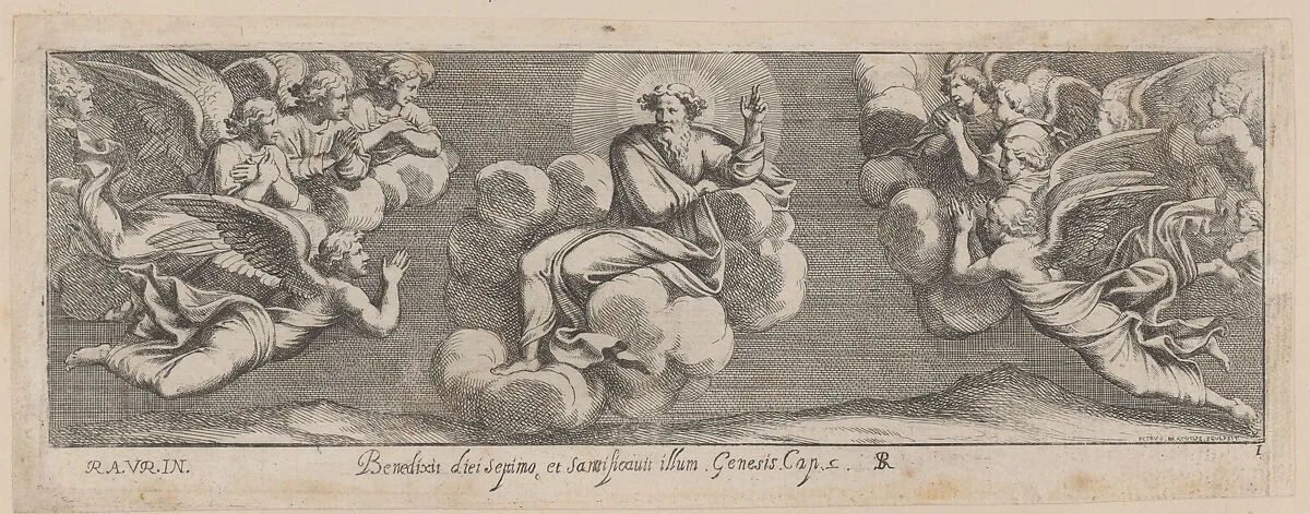 Plate 1: God Blessing on the Seventh Day, from Genesis Chapter 2, after a lost fresco in the basamento of Bay 1 of the Vatican Loggia — Pietro Santi Bartoli|Giovanni Giacomo De Rossi|Raphael (Raffaello Sanzio or Santi)