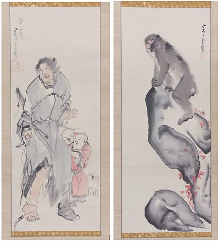長澤蘆雪筆 岩上猿・猿回し師唐子狗児図|Monkey on a Rock; Monkey Trainer with Chinese Children and Puppy — Nagasawa Rosetsu