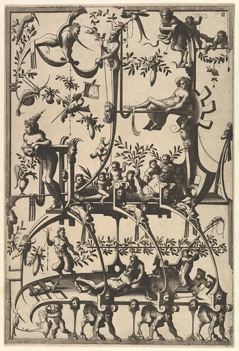 Surface Decoration, Grotesque with Strapwork, Borne by Satyrs from Veelderleij Veranderinghe van grotissen ende Compertimenten...Libro Primo