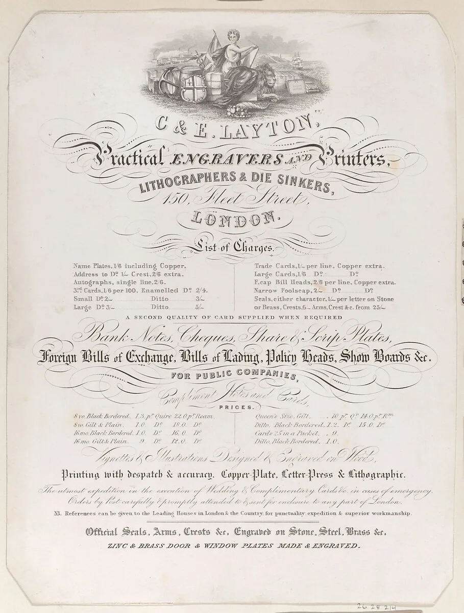 Trade Card for Charles and Edwin Layton, Engravers and Printers — Anonymous, British, early 19th century