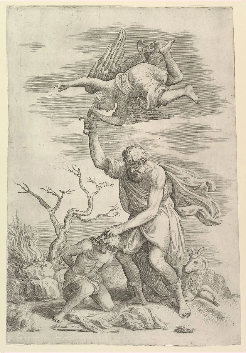 The sacrifice of Abraham who needs before Isaac who raises his sword to strike him — Battista Franco