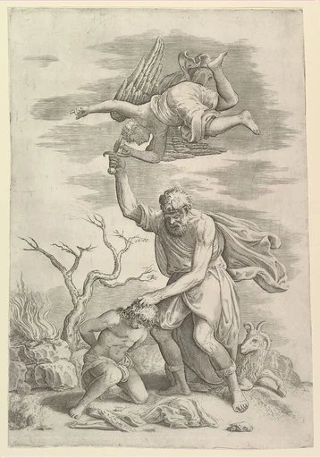 The sacrifice of Abraham who needs before Isaac who raises his sword to strike him
