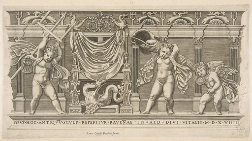 Three cupids in front of a facade with pilasters, one holding a trident and another a large shell