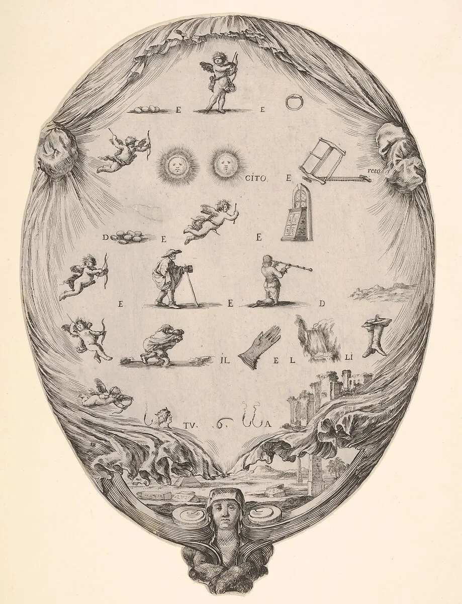 Rébus on the subject of love, a riddle depicted on drapery, below a landscape with a pyramid and two obelisks, a bust of a sphinx at bottom, an oval composition — Stefano della Bella