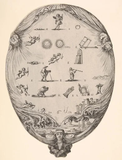 Rébus on the subject of love, a riddle depicted on drapery, below a landscape with a pyramid and two obelisks, a bust of a sphinx at bottom, an oval composition