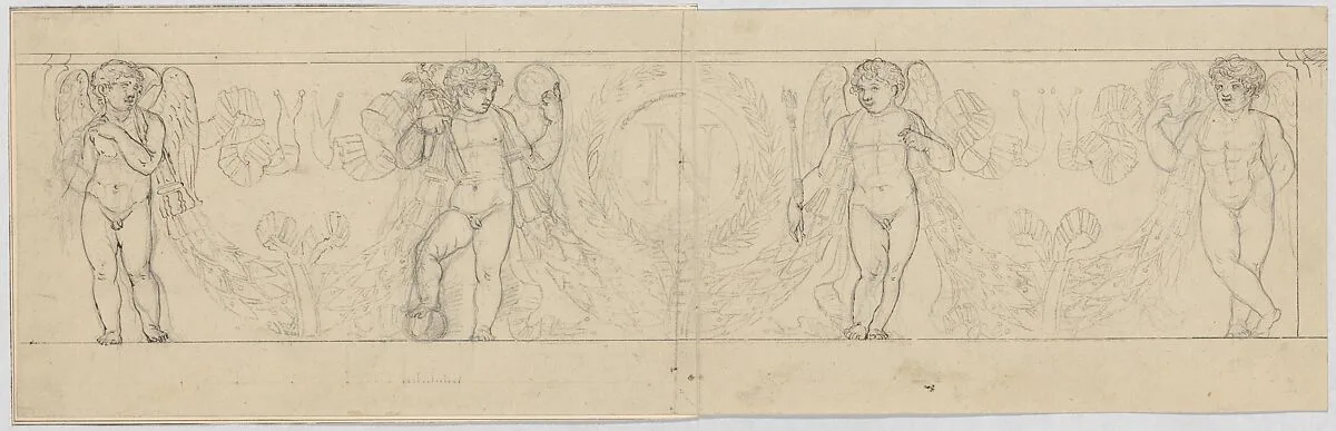 Design for a Frieze with Putti Supporting a Garland, with the inital "N" inside a Wreath (related to the Arc du Carrousel) — Anonymous, French, 19th century|Pierre François Léonard Fontaine|Charles Percier