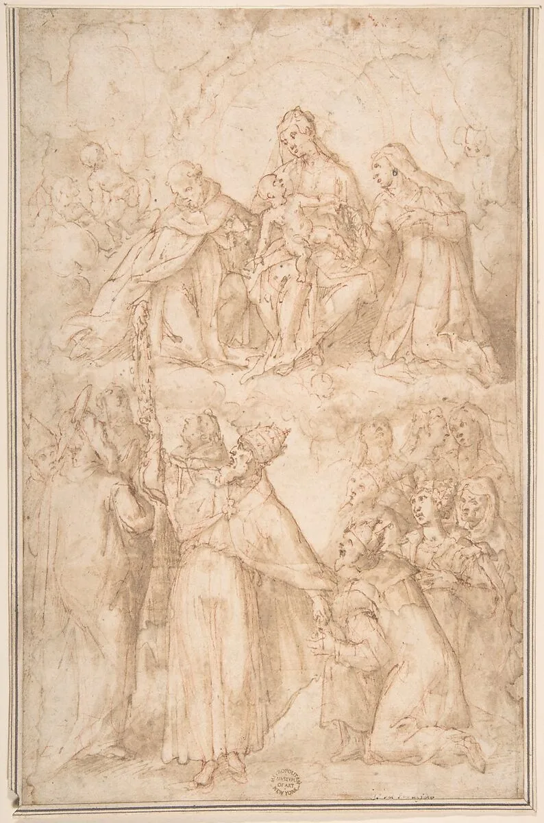 Saint Dominic Giving the Rosary to Pope Pius V — Anonymous, Italian, Roman-Bolognese, 17th century
