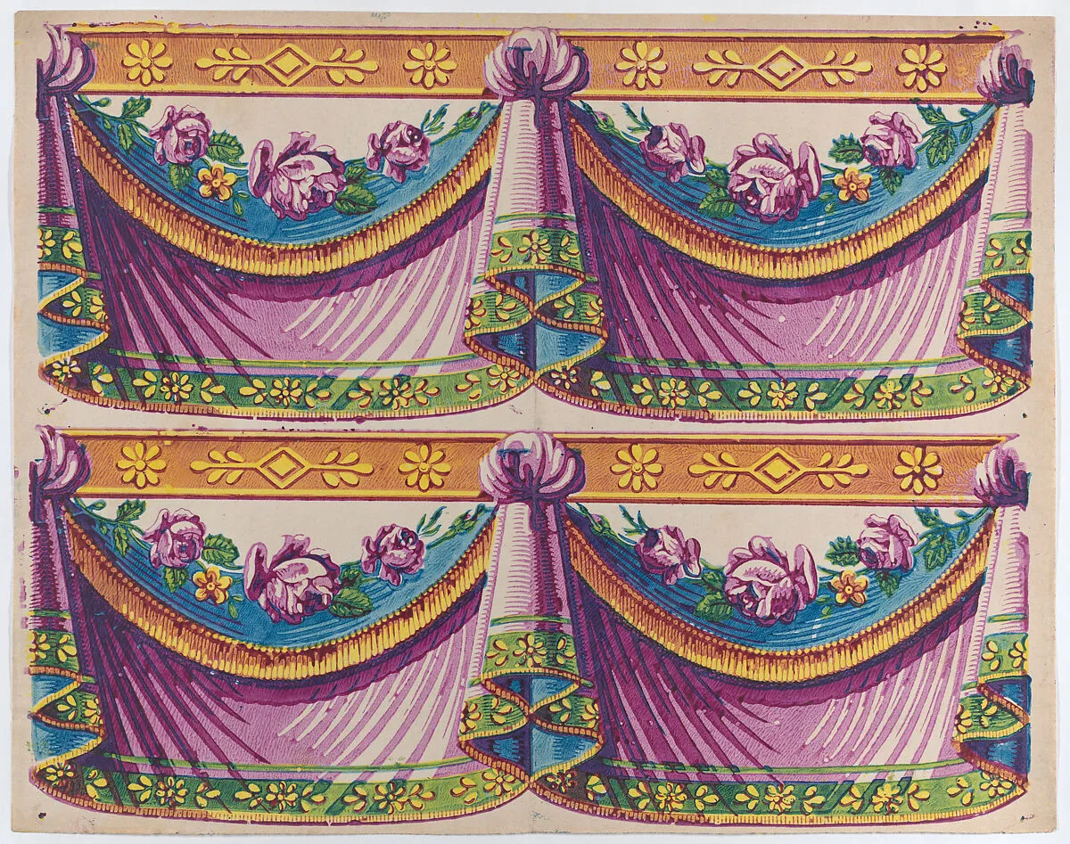 Sheet with two borders with purple drapery and floral designs — Remondini Family|Anonymous