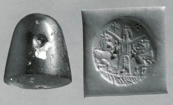 Conoid stamp seal: king mastering two rearing lion-griffins, star and reversed crescent with sun-disc — Unknown