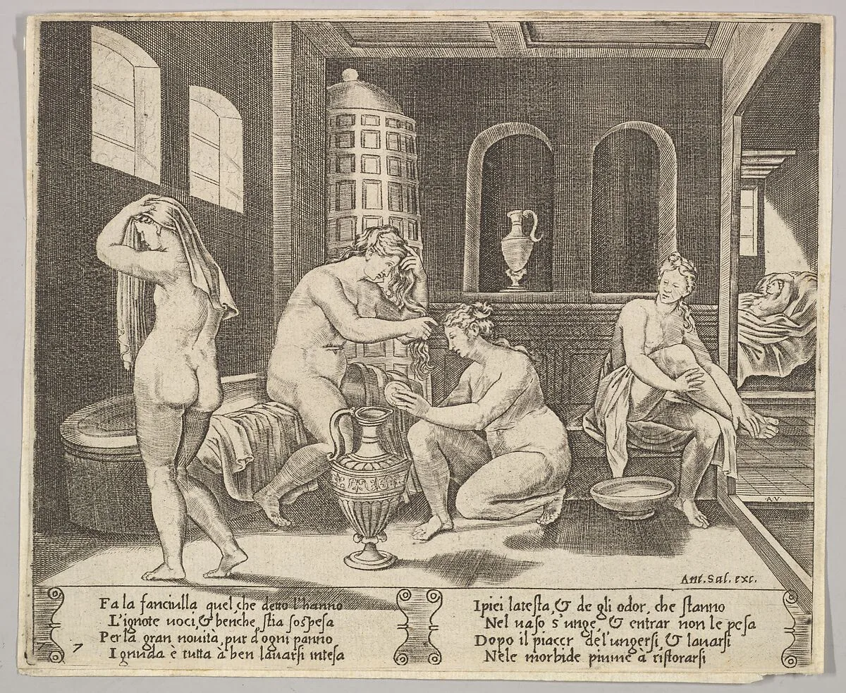 Plate 7: Psyche attended in her bath by nymphs, in the background right Psyche represented again laying in bed, from "The Fable of Cupid and Psyche" — Antonio Salamanca|Michiel Coxie (I)|Agostino Veneziano (Agostino dei Musi)