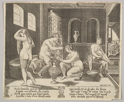 Plate 7: Psyche attended in her bath by nymphs, in the background right Psyche represented again laying in bed, from "The Fable of Cupid and Psyche"