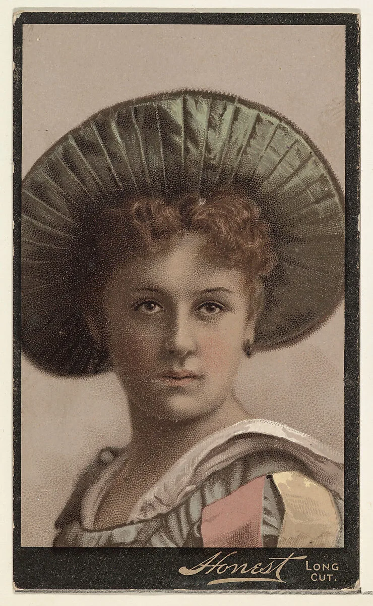 Actress wearing wide-brimmed hat lined with green folded fabric, from Stars of the Stage, Third Series (N131) issued by Duke Sons & Co. to promote Honest Long Cut Tobacco — American Tobacco Company|W. Duke, Sons & Co.|Joseph P. Knapp