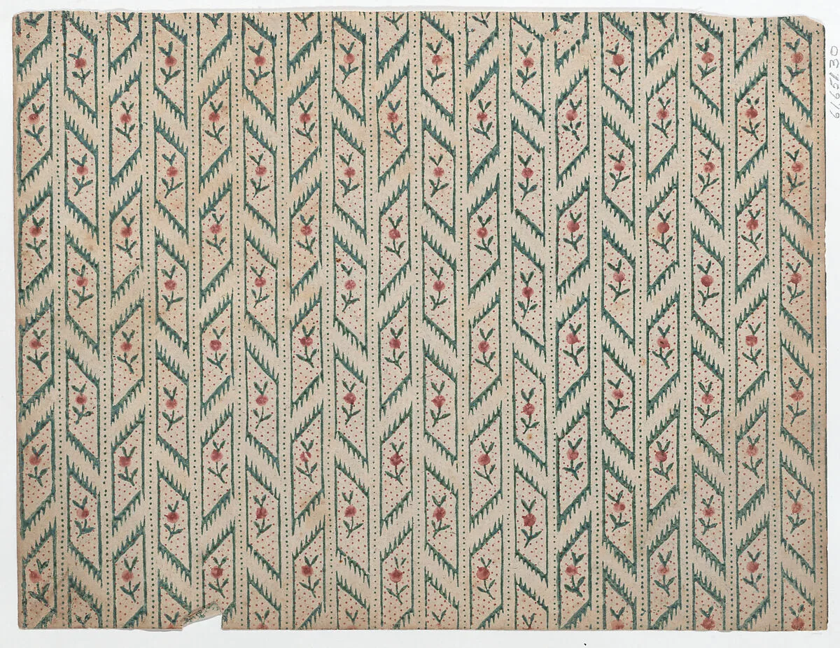Sheet with overall red and green vine and dot pattern — Adriaan Rogge