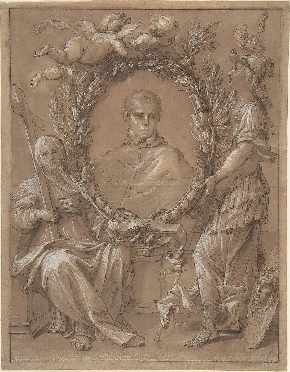 Portrait of an Ecclesiastic Flanked by a Female Saint and Athena — Anonymous, Italian, 17th century