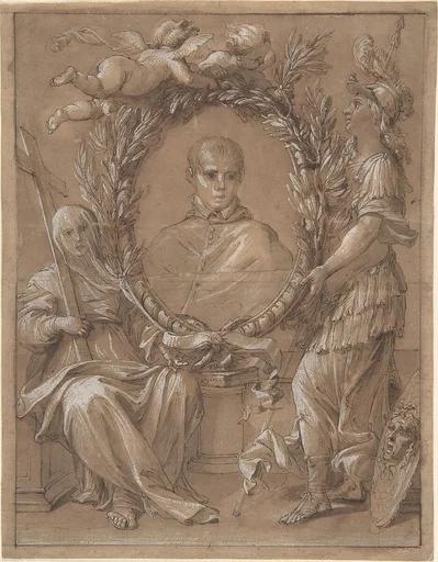 Portrait of an Ecclesiastic Flanked by a Female Saint and Athena