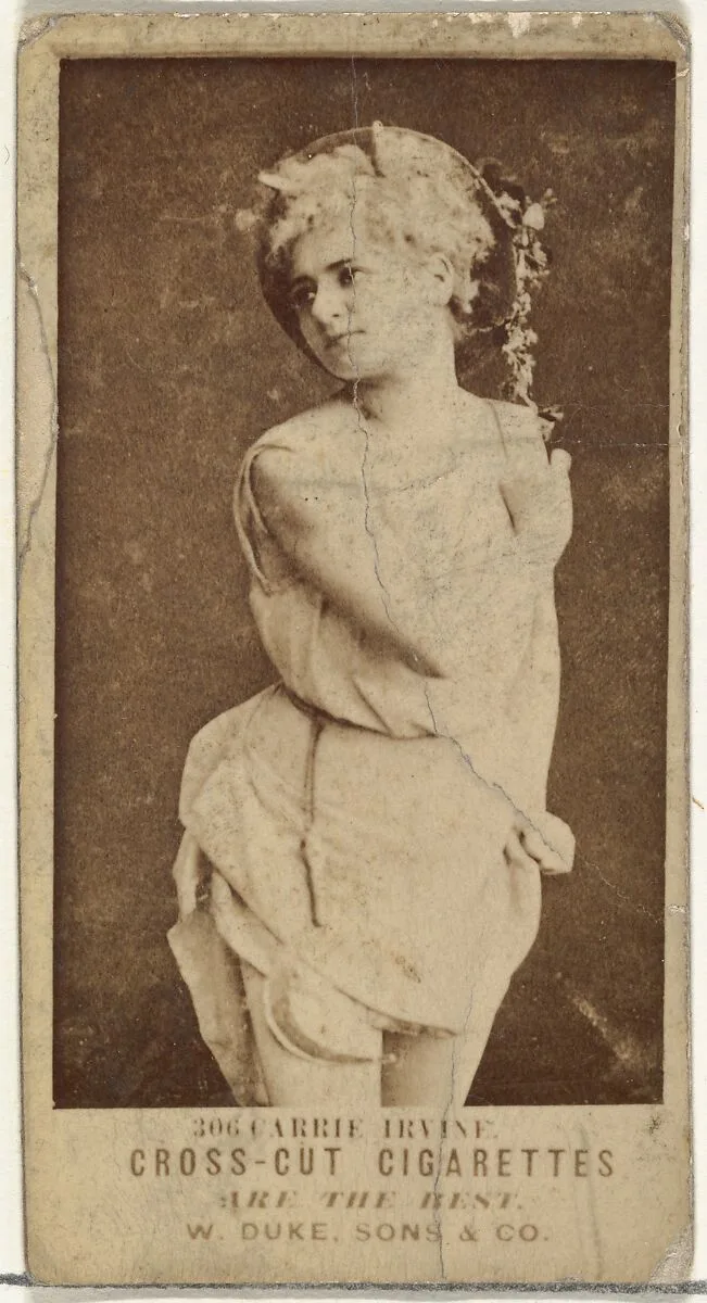 Card Number 306, Carrie Irvine, from the Actors and Actresses series (N145-3) issued by Duke Sons & Co. to promote Cross Cut Cigarettes — W. Duke, Sons & Co.