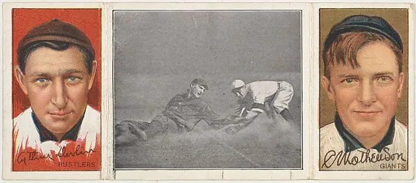 "Too Late For Devlin," with Arthur Devlin (Rustlers) and Mathewson (Giants), from the series Hassan Triple Folders (T202) — Hassan Cigarettes