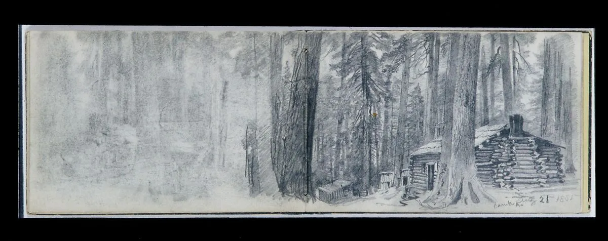 Camp A: Log Cabin in Woods (from Sketchbook) — William Trost Richards