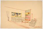 Perspective of Living Room with Bookcase-Divider