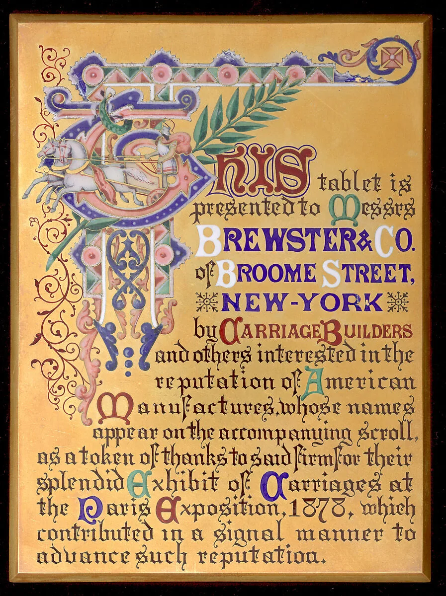 Tablet presented to Brewster & Co. of Broome Street, in recognition of their carriage exhibition at the Paris Fait of 1878 — Tiffany & Co.