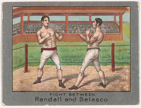 Fight Between Randall and Belasco, from the Champion Athlete and Prize Fighter series (T220), issued by Mecca and Tolstoi Cigarettes — Mecca Cigarettes|Tolstoi Cigarettes