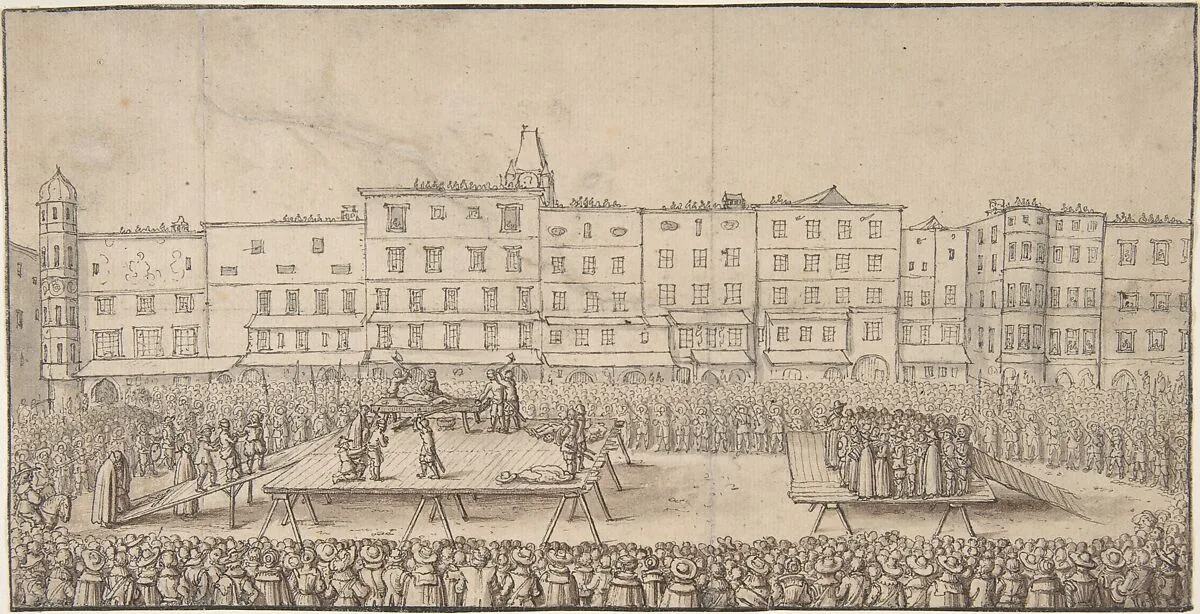 An Execution of Seven Boores Rebels in Lintz, June 16, 1636 — Anonymous|Wenceslaus Hollar