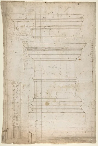 San Lorenzo, Library, pilaster, elevation; soffit, detail, plan (recto) San Lorenzo, Library, entablature, section (verso)